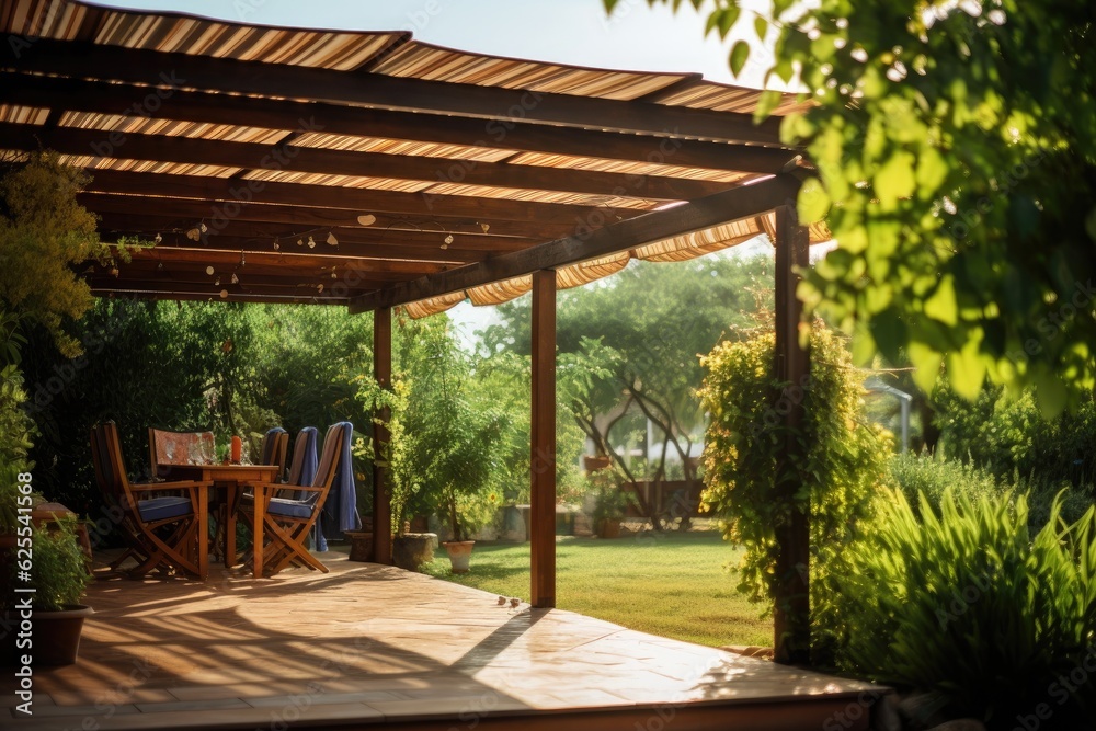 A picture capturing a pergola awning basking in the sunlight.