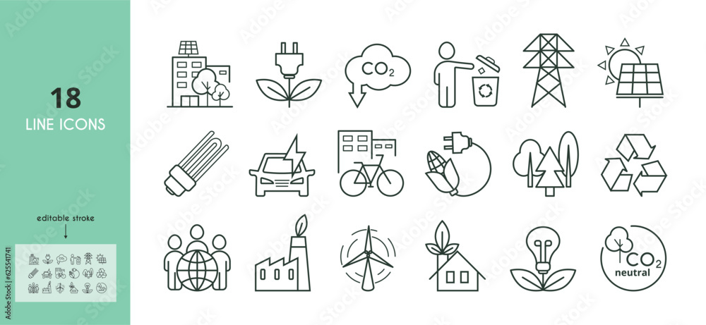 Reduce CO2 emissions line icon set. Bicycle, green city, energy efficient light bulb, electric car, recycling, biofuel, wind turbine, solar panel vector illustration. Outline sings. Editable Stroke