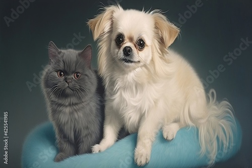 Adorable Fluffy Dog with Little Cats. Generative AI © Haider