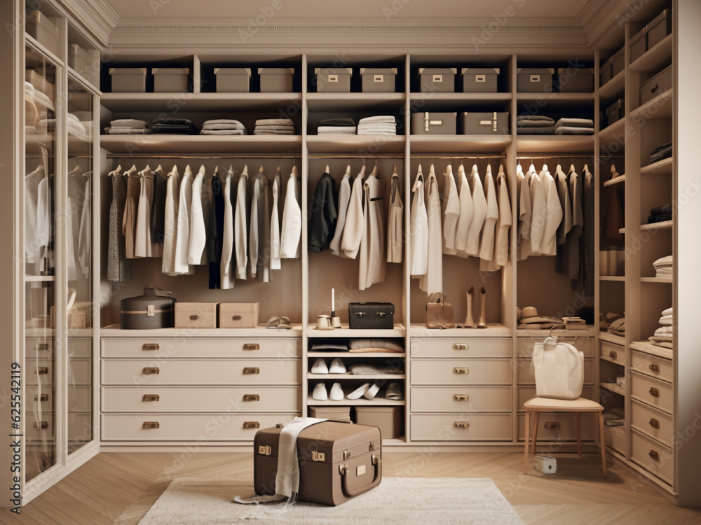 Minimalist design for a beige dressing room. Generative AI Minimalist design for a beige dressing room. Generative AI
