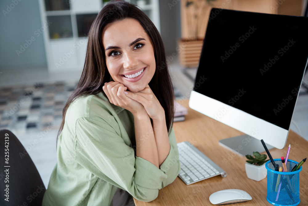 Photo of gorgeous cheerful friendly recruiter girl sit chair toothy smile empty space display desktop business center inside Photo of gorgeous cheerful friendly recruiter girl sit chair toothy smile empty space display desktop business center inside