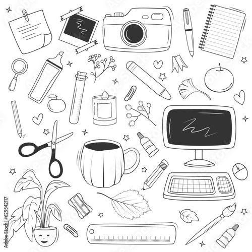 A set of school supplies: a notebook, a computer, a pen, indoor flowers, a cup of tea, pencils, scissors, paints, a brush for drawing. Vector illustration in doodle style.