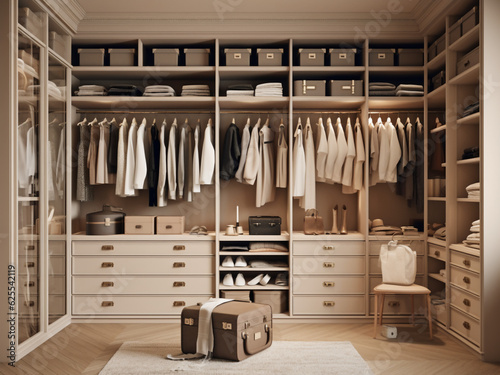 Minimalist design for a beige dressing room. Generative AI © Llama-World-studio