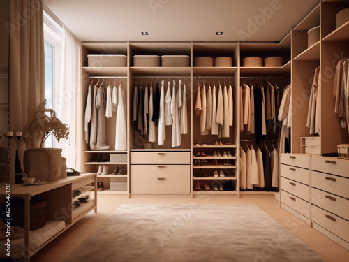Contemporary style for a beige walk-in wardrobe. Generative AI © Llama-World-studio