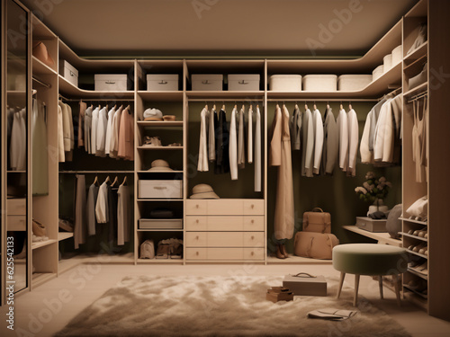 Efficient and elegant beige walk-in wardrobe. Generative AI © Llama-World-studio