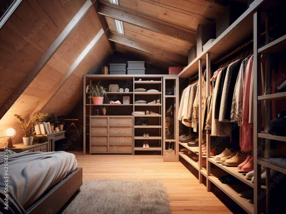 Obraz premium Contemporary industrial design for a loft walk-in wardrobe. Generative AI