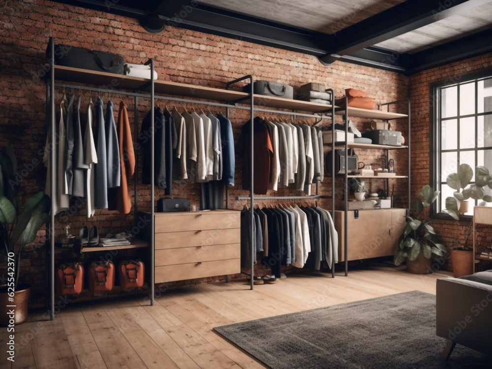 Exposed brick and raw materials in a loft-inspired wardrobe. Generative AI