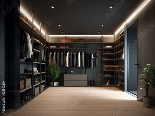 High-tech walk-in wardrobe with futuristic design. Generative AI