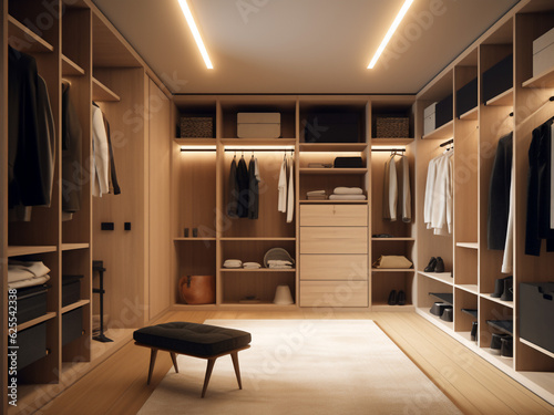 Modern interior design for a light wood dressing room. Generative AI photo
