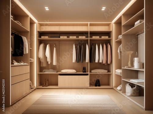 Elegant light wood walk-in wardrobe with ample storage. Generative AI