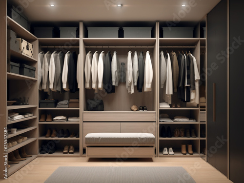Minimalism walk-in wardrobe with sleek design. Generative AI © Llama-World-studio