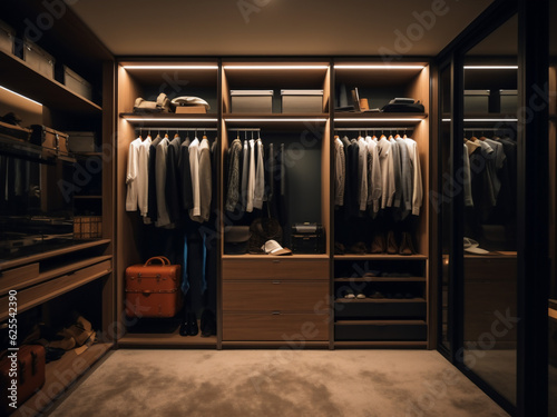 Modern walk-in wardrobe with contemporary design. Generative AI