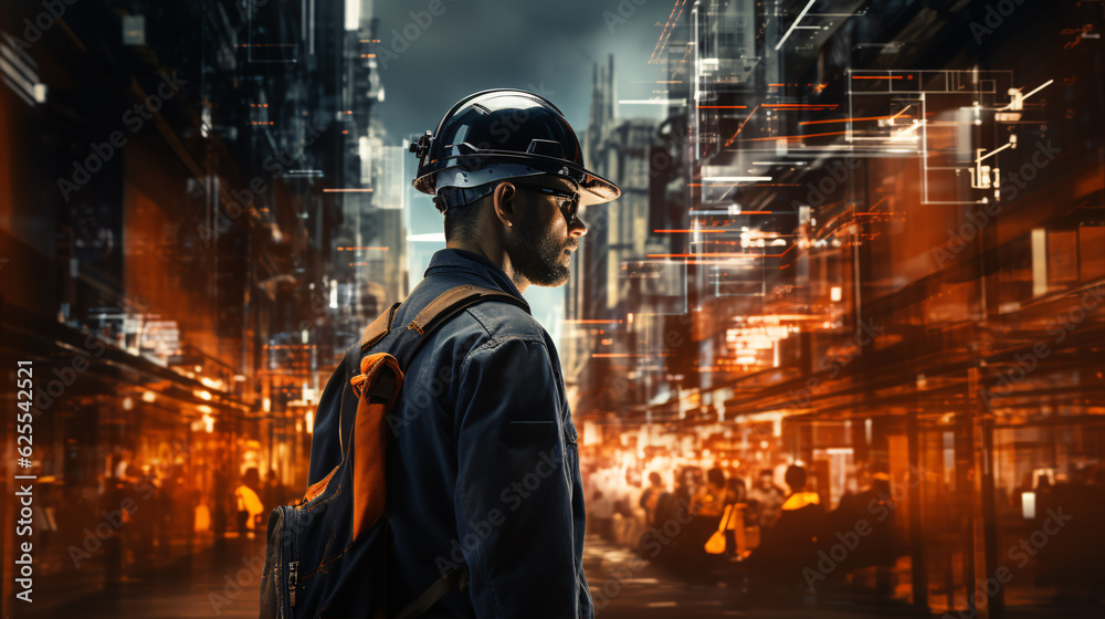 Construction worker wearing an orange hard hat. Development concept. BIM and digital twin concept. Construction worker wearing an orange hard hat. Development concept. BIM and digital twin concept.