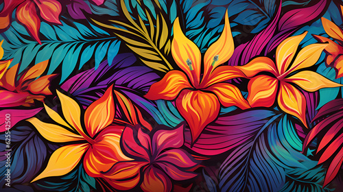 Tropical banner with flowers. Modern colorful tropical floral pattern. Abstract pattern with tropical exotic flowers in blossom and palm leaves. Ornament for fabric, wallpaper, posters. AI