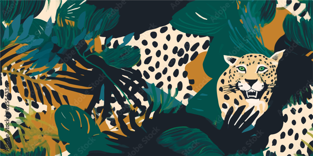 Naklejka premium Hand drawn artistic abstract jungle pattern with leopards. Ethnic style collage contemporary seamless pattern. Fashionable template for design