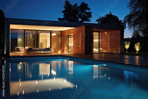 Contemporary house featuring a swimming pool, illuminated during the night. © 2rogan