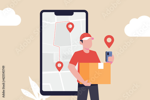 courier, delivery man holding product box, delivery man checking location navigation on mobile phone
