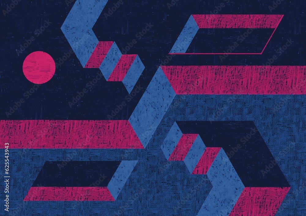 Naklejka premium Isometric geometric shapes and stairs with sun moon sphere with scribble hand done texture in blue and pink