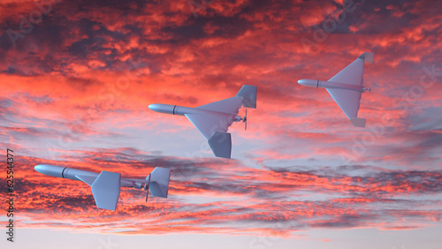 3d render three Iranian drones attack in the evening red sky, sunset, war, Russia, Ukraine photo
