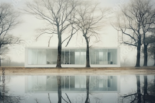 The image portrays a house with windows, reflecting the surrounding scenery of trees, against a backdrop of white walls. The focus of the photo is deliberately chosen.