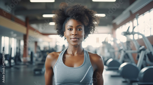 Young afro american beautiful woman with curly hair in fitness studio. Training concept.