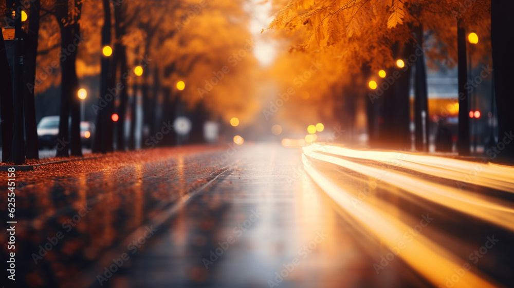 Autumn blurred city street. AI generated