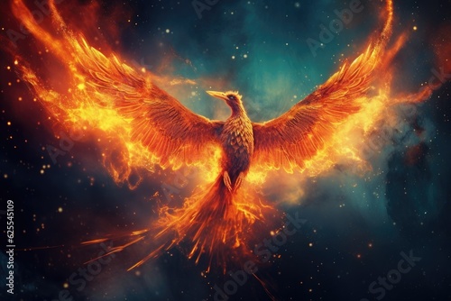 A burning bird phoenix in the night sky. Bird phoenix. Generative Ai © tong2530
