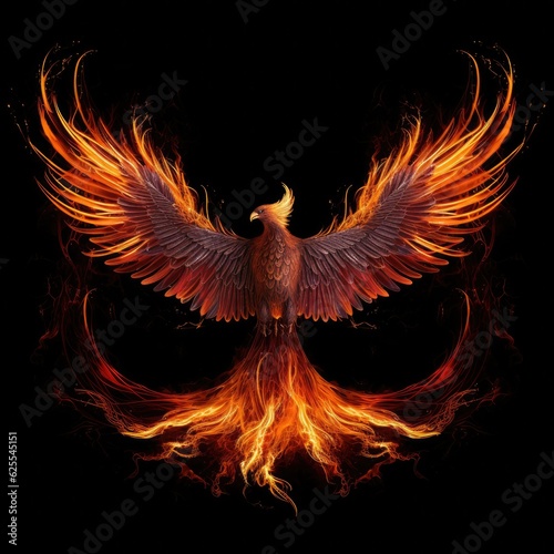Burning bird phoenix isolated on black background. Bird phoenix. Generative Ai