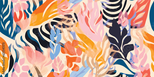Hand drawn bohemian abstract organic shapes floral pattern with zebras skin. Collage contemporary print. Fashionable template for design. Ethnic style