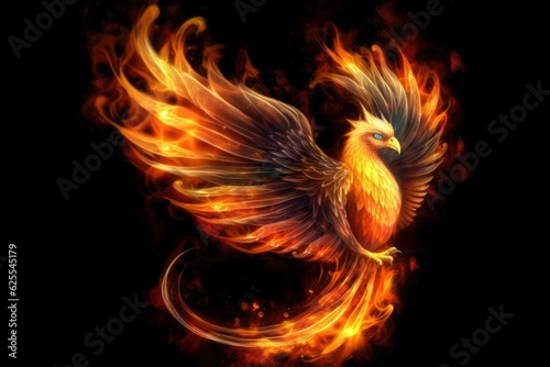 Burning bird phoenix isolated on black background. Bird phoenix. Generative Ai