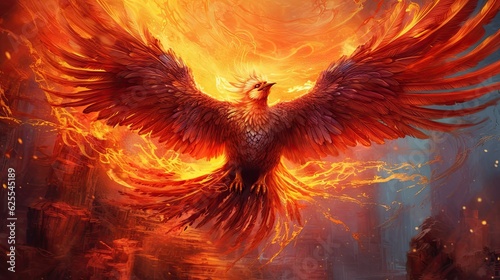 A burning bird phoenix is taking off from the sun. Bird phoenix. Generative Ai