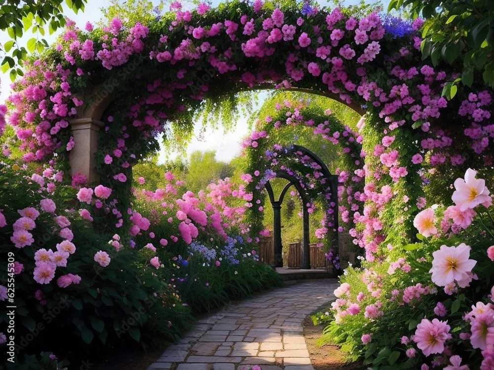 Fototapeta premium Magical garden with archway filled with blooming flowers