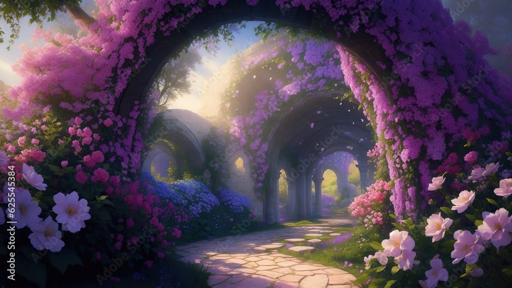 Magical garden with archway filled with blooming flowers