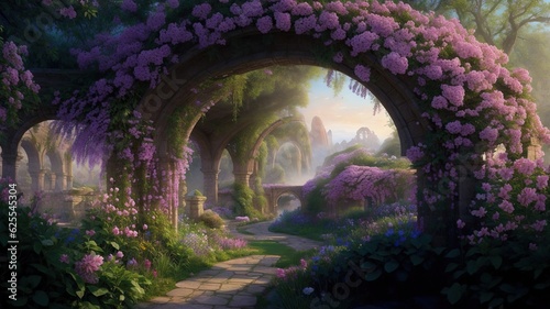 Magical garden with archway filled with blooming flowers