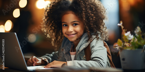Pretty black schoolgirl studying homework during her online lesson at home, online education concept, home schooler. Online school. Back to school.
