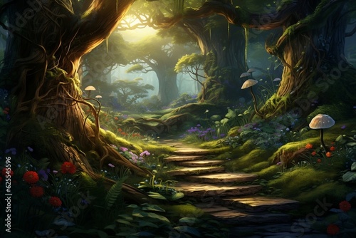 Beautiful Fairytale Enchanted Forest Blooming. Generative AI