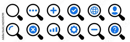 Search icon set. Magnifying glass loupe collection. Find, research, SEO and investigate icons. Vector illustration.