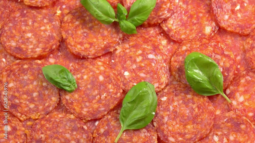 Juicy sliced pepperoni sausage with fresh basil rotating as background for restaurant, food video, food porn. Smoked sausage slices for pizza Juicy sliced pepperoni sausage with fresh basil rotating as background for restaurant, food video, food porn. Smoked sausage slices for pizza