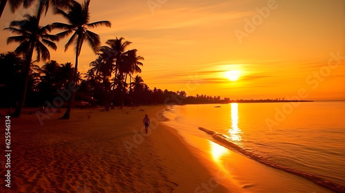 Tall palm tree in a tropical paradise on sunset. Travel and lifestyle concept. Golden sand coast.