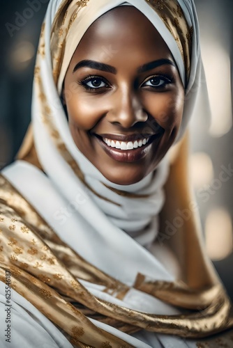 Young, fair-skinned  pretty Hausa lady, smiling wearing a white cloth with a golden colour hijab covering photo