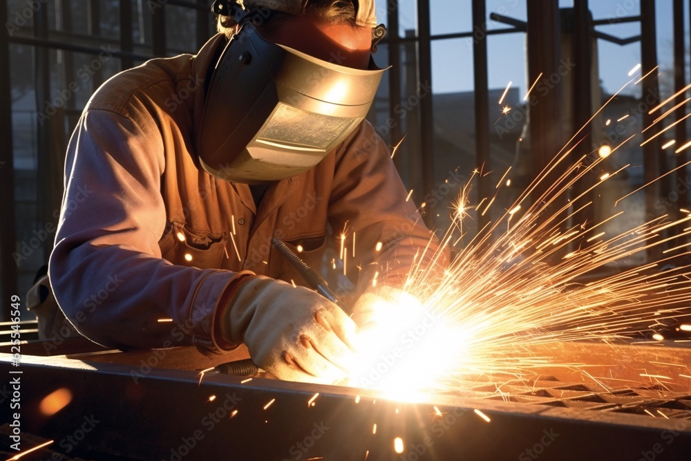 A welder in a protective helmet and equipment performs welding and grinding at his workplace. Generative AI technology. A welder in a protective helmet and equipment performs welding and grinding at his workplace. Generative AI technology.