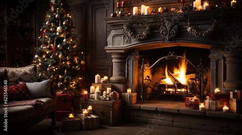 Festive and Cozy Christmas  A beautifully decorated living room with a roaring fireplace  adorned with twinkling lights and stockings hung by the chimney
