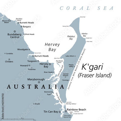 K'gari, formerly Fraser Island, gray political map. Worlds largest sand island along the coast of Queensland, Australia, with 75-Mile-Beach. Inhabited for at least 5000 years by Aboriginal Australians