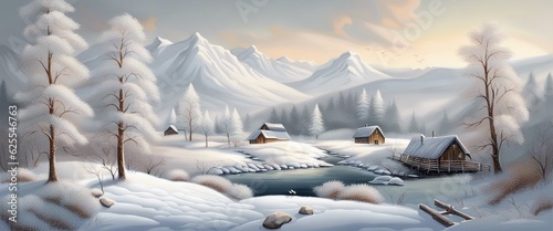 Banner Beautiful Winter Landscape With House and a snowy forest with a river