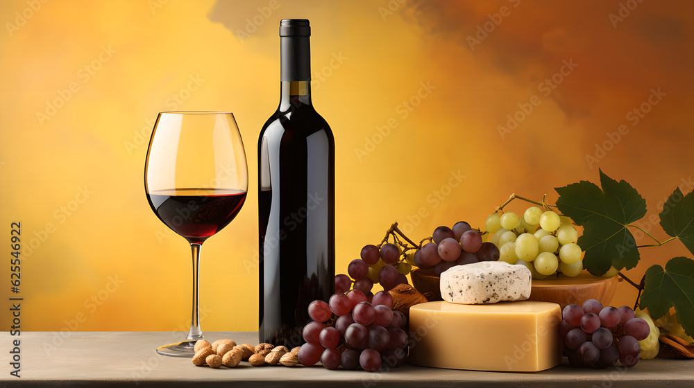 Bottle and glass of red wine with grapes on flat background. Professional studio photo of vintage premium wine isolated with yellow background
