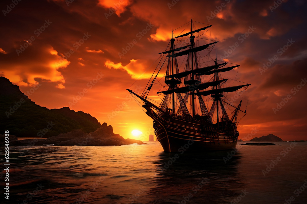 An atmospheric image showing the silhouette of a pirate ship against a dramatic sunset. The picture evokes feelings of mystery, adventure, and a bygone era. An atmospheric image showing the silhouette of a pirate ship against a dramatic sunset. The picture evokes feelings of mystery, adventure, and a bygone era.