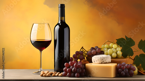 Bottle and glass of red wine with grapes on flat background. Professional studio photo of vintage premium wine isolated with yellow background