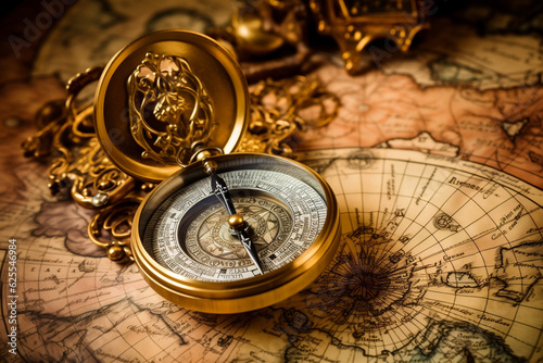 A fascinating image showing an old compass and a vintage map spread out on a wooden deck of a pirate ship, 
signifying navigational skills, strategic planning, and a sense of adventure.