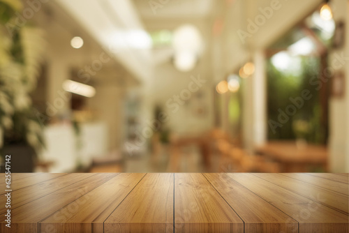 Empty wooden table top with blurred coffee shop or restaurant interior background.