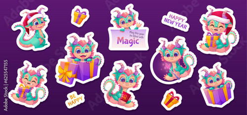 Fototapeta Naklejka Na Ścianę i Meble -  Set of cute dinosaurs stickers. Vector illustrations with beautiful dragon characters for printing, design elements, children's illustrations, wrapping paper. New Year and Christmas holidays